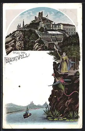 Lithographie Drachenfels, Panoramaansicht
