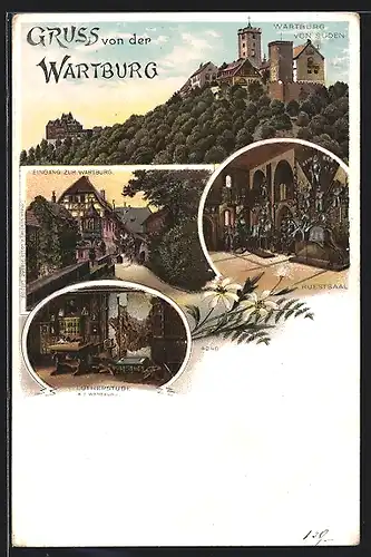 Lithographie Wartburg von Süden, Eingang, Lutherstube