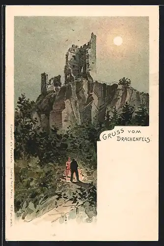 Lithographie Drachenfels, Blick auf die Ruine