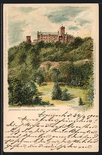 Lithographie Wartburg mit der Hellwiese