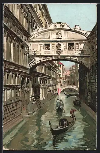 AK Venedig, Ponte dei Sospiri, Gondeln im Kanal unter der Brücke