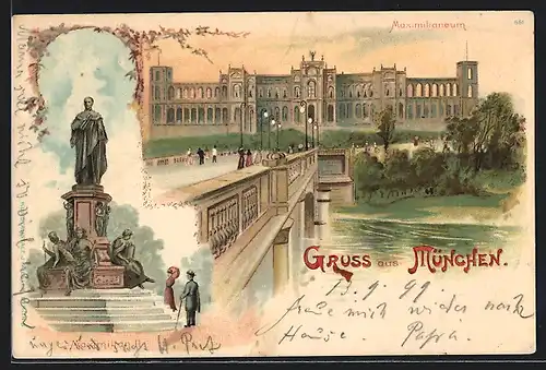Lithographie München, Maximilianeum, Denkmal und Maximiliansbrücke