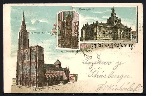 Lithographie Strassburg, Am Münster, Blick zum Kaiserpalast