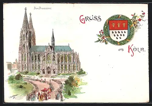 Lithographie Köln, Prozession am Dom, Wappen