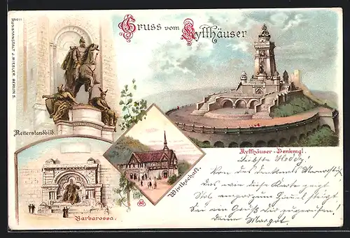 Lithographie Kyffhäuser, Kyffhäuser-Denkmal, Reiterstandbild, Barbarossa, Wirtschaft