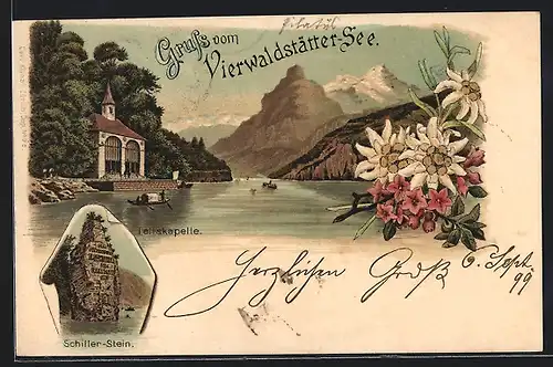 Lithographie Tellskapelle am Vierwaldstätter-See, Schiller-Stein
