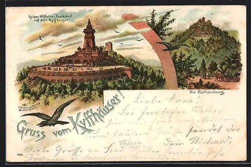 Lithographie Kyffhäuser, Kaiser-Wilhelm-Denkmal und Rothenburg