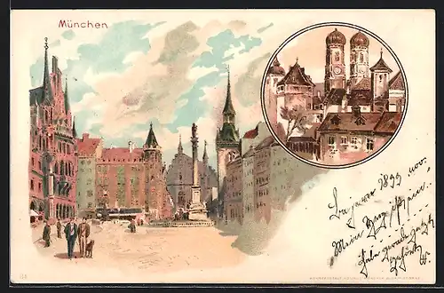 Lithographie München, Teilansicht, Frauenkirche