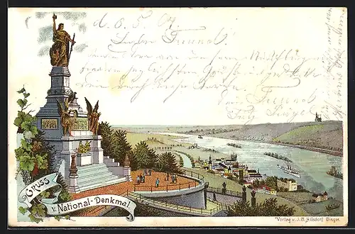 Lithographie Gruss vom National-Denkmal