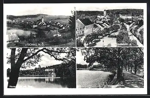 AK Litschau, Totalansicht, Stadplatz, Herrenteich mit Burg, Teichpromenade