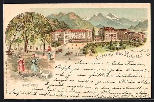 Lithographie Ragaz, Hotel mit Wasserfontäne