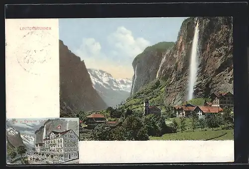 AK Lauterbrunnen, Hotel und Pension Oberlang, Ortspartie mit Wasserfall