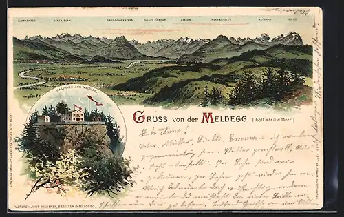 Lithographie Meldegg, Panorama mit Alvier & Säntis, Gasthaus zur Meldegg