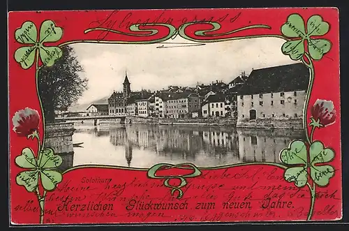 AK Solothurn, Uferpartie mit Brücke, Kleeblätter, Neujahrsgruss, Passepartout