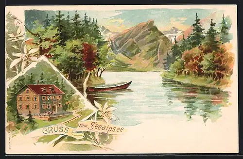 Lithographie Seealpsee, See mit Hütte