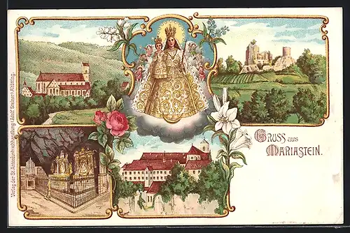 Lithographie Mariastein, Burgruine, Kloster, Inneres des Klosters