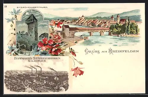 Lithographie Rheinfelden, Storchennestthurm, Hoffmann's Stärkefabriken, Ortsansicht