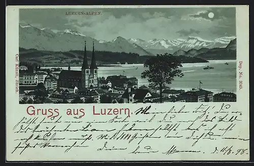 Lithographie Luzern, Teilansicht mit den Alpen
