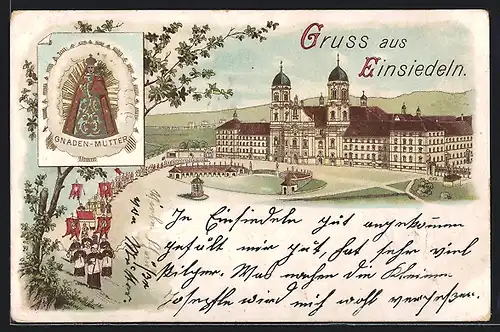 Lithographie Einsiedeln, Kloster mit Prozession