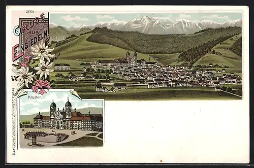 Lithographie Einsiedeln, Teilansicht, Kloster