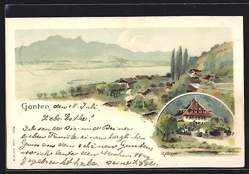 Lithographie Gunten, Gut Ralligen, Panorama aus der Vogelschau