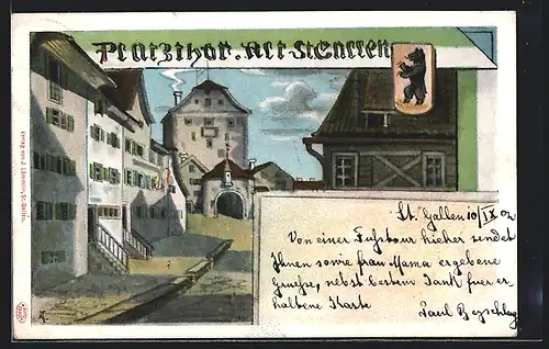 Künstler-AK Alt-St. Gallen, Platzthor, Wappen