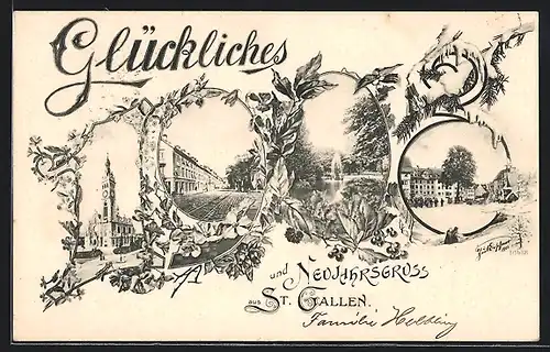 AK St. Gallen, Kirche, Strassenpartie, Fontäne, Neujahrsgruss