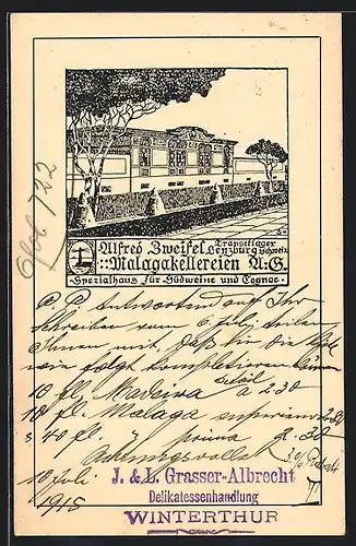 Künstler-AK Lenzburg, Alfred Zweifel Malagakellereien A.-G., Transitlager