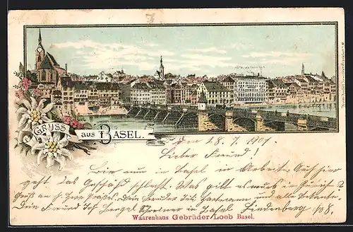 Lithographie Basel, Teilansicht mit Rheinbrücke