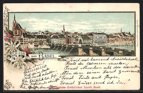 Lithographie Basel, Hotel des Trois Rois, Brücke, Kirche