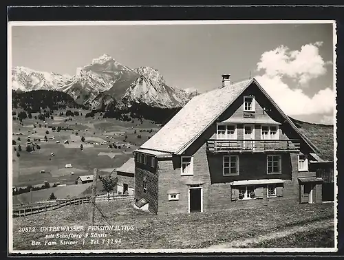 AK Unterwasser, Pension Iltios, Bes. Fam. Steiner, im Hintergrund Schafberg & Säntis