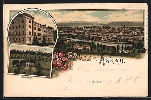 Lithographie Aarau, Ortsansicht mit Kaserne und Alpenzeiger