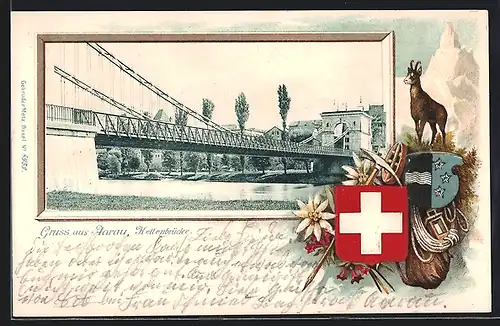 Passepartout-Lithographie Aarau, Kettenbrücke, Wappen, Schweizerkreuz