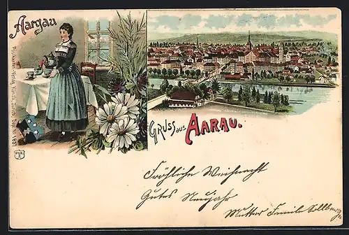 Lithographie Aarau, Ortsansicht aus der Vogelschau, Frau in Tracht