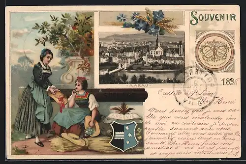 Lithographie Aarau, Kakao Suchard, Ortsansicht, Damen in Kleidern mit Hut