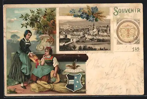 Lithographie Aarau, Kakao Suchard, Ortsansicht, Damen in Kleidern mit Hut