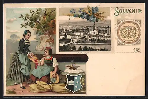 Lithographie Aarau, Kakao Suchard, Ortsansicht, Damen in Kleidern mit Hut