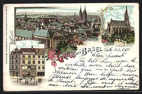 Lithographie Basel, Mercerie Modes Julius Brann, St. Elisabethkirche