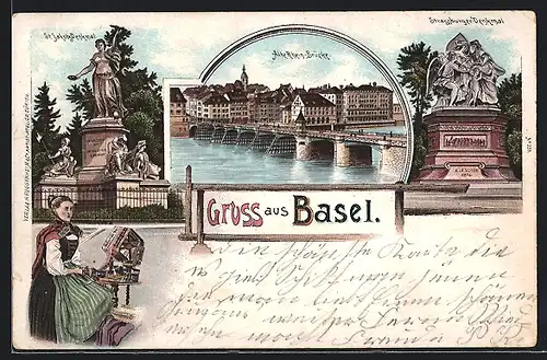 Lithographie Basel, St. Jakob-Denkmal, Strassburger-Denkmal und Alte Rhein-Brücke