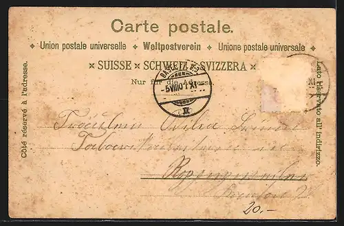 Lithographie Basel, St. Jakob-Denkmal, Strassburger-Denkmal und Alte Rhein-Brücke