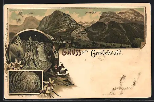 Lithographie Grindelwald, Gletscher u. Gletscherhöhle, Gesamtansicht