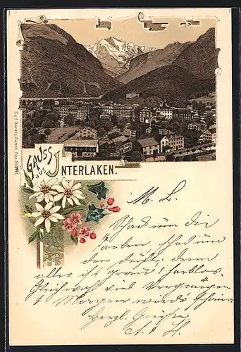 Lithographie Interlaken, Ortsansicht aus der Vogelschau