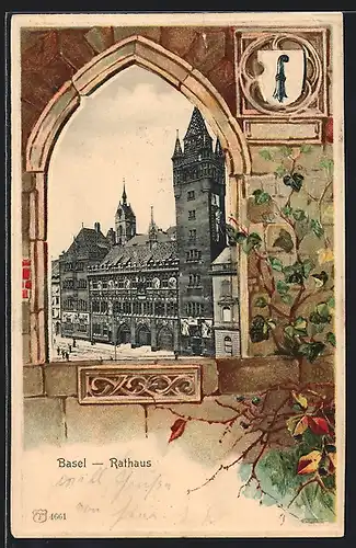 Passepartout-Lithographie Basel, Rathaus mit Wappen