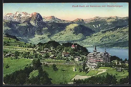 AK Flüeli-Ranft, Hotel mit Sarnersee und Giswilerbergen