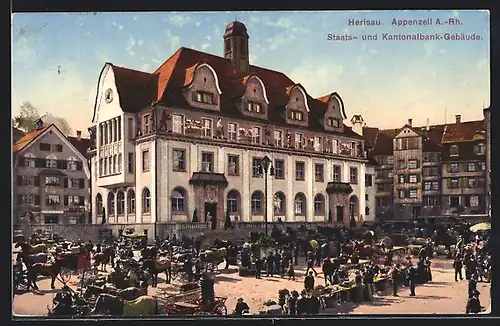 AK Herisau, Staats- u. Kantonalbank-Gebäude, Marktszene