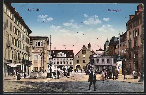 AK St. Gallen, Theaterplatz mit Brunnen