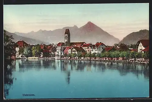 AK Unterseen, Uferpartie mit Bergen