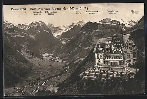 AK Braunwald, Hotel-Kurhaus Alpenblick mit Clariden, Tödi und Kammerstock