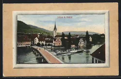 AK Stein a. Rhein, Uferpartie mit Brücke