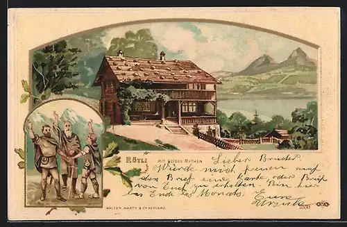 AK Rütli, Statue, Holzhaus vor Gebirge und Wasser, mit beiden Mythen
